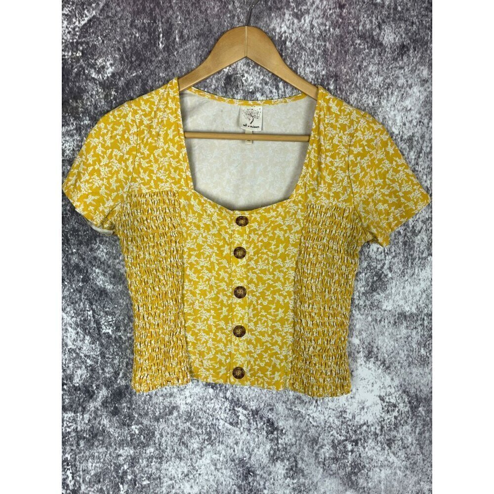Self Esteem Yellow Floral Peasant Button‎ Down Smocked Blouse Top Shirt Medium